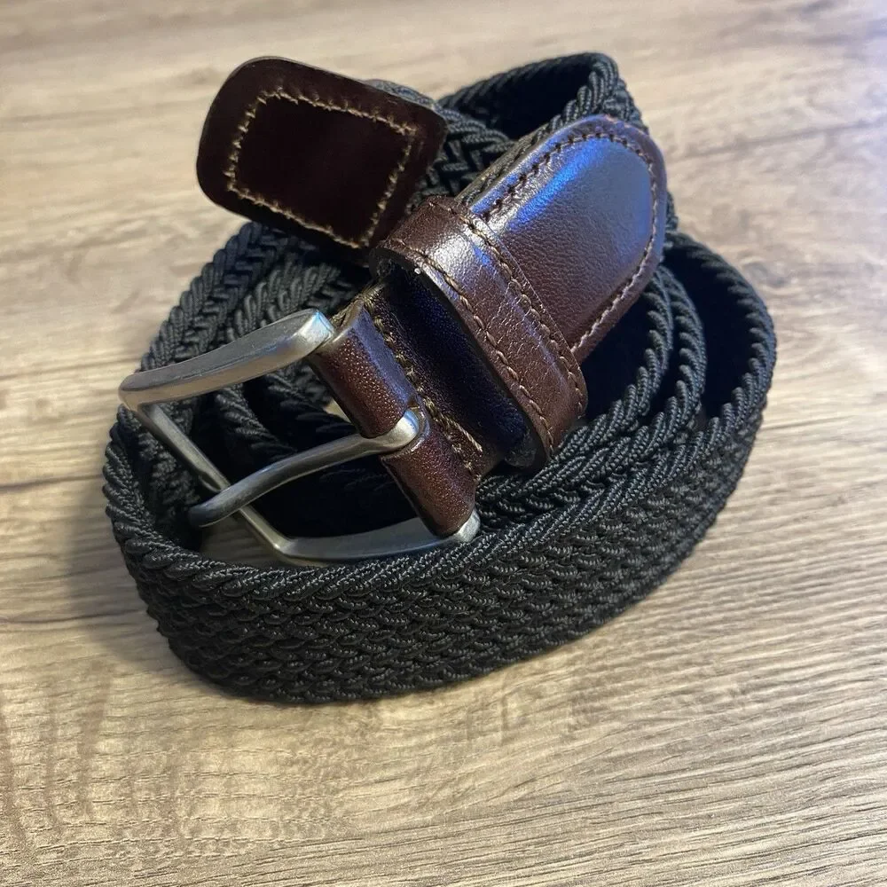 Lands End Black Braided Belt Leather M Silver Buckle 32-34 Unisex